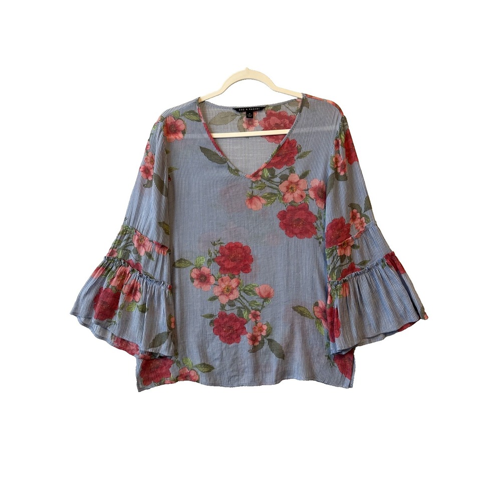 Zac & Rachel Floral Striped Lightweight Ruffle Bell Sleeve Blouse Women's M Boho